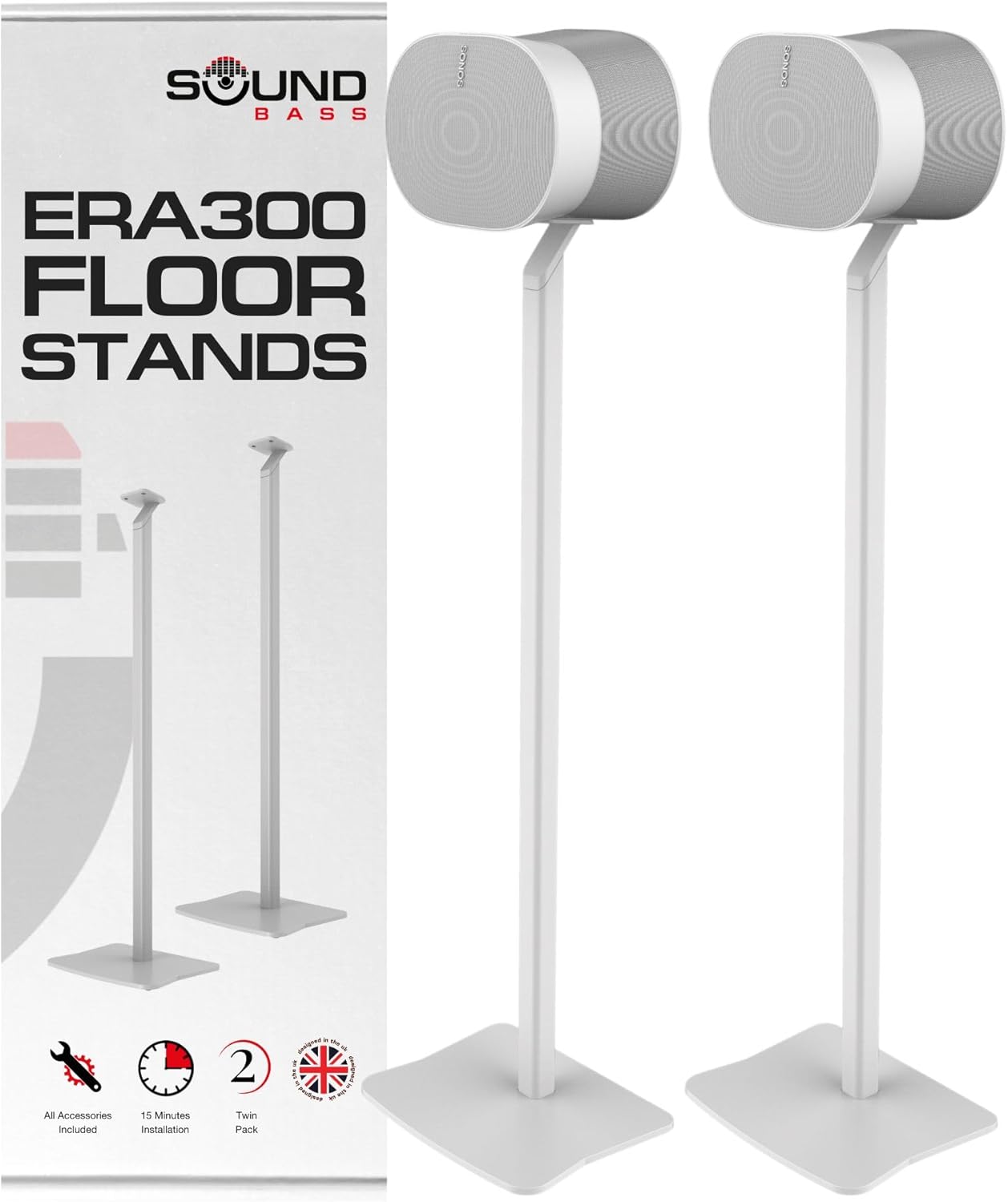 Soundbass metal floor stand for Sonos ERA300 in a modern living room